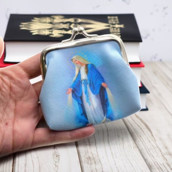 Virgin Mary & Blue Rose Rosary Gift Set - Coin Purse & Necklace, Vintage Religio - Picture 3 of 5